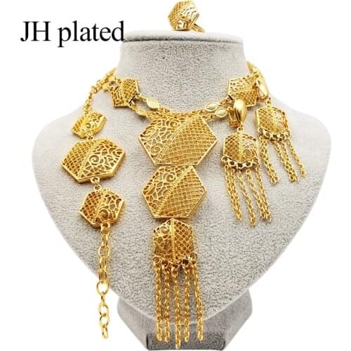 JHplated Women gold Jewelry Set Necklace and Earrings ring bracelet Ethiopian Wedding Jewelry Sets Gold Turkish gift Wholesale