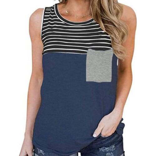 Women Tops Round Neck Striped Stitching Women Vest Casual Sleeveless Color Block Pocket Vest Pullover Top Round Neck Women Vest