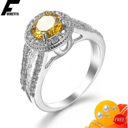 BaliJelry Fashion 925 Silver Women Ring Jewelry Round Citrine Zircon Gemstone Rings for Wedding Engagement Accessories Wholesale