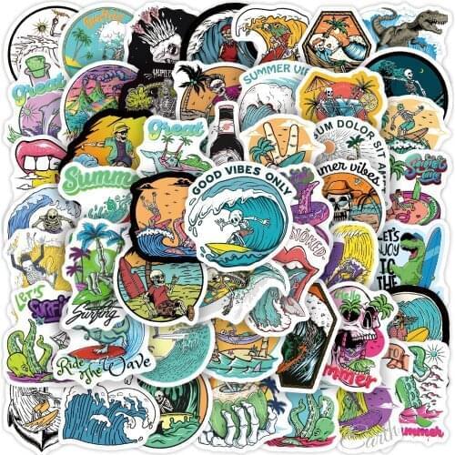 10/30/50pcs Funny Summer Skull Surfing Stickers Beach Travel Graffiti Surf Sticker for Surfboard Laptop Car Bicycle Water Bottle