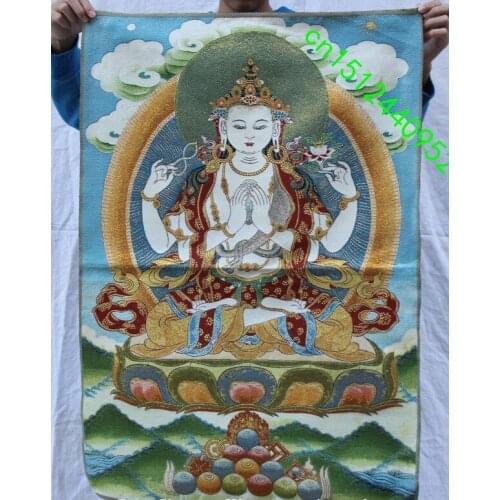 36 inch Chinese Folk Silk embroidery 4 arms Chenrezig Buddha Thangka Painting Mural