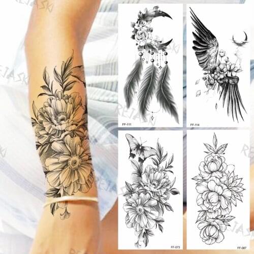 Large Flower Temporary Tattoos For Women Adults Realistic SweetPea Feather Wing Flora Fake Tattoo Sticker Arm Body Tatoos Show