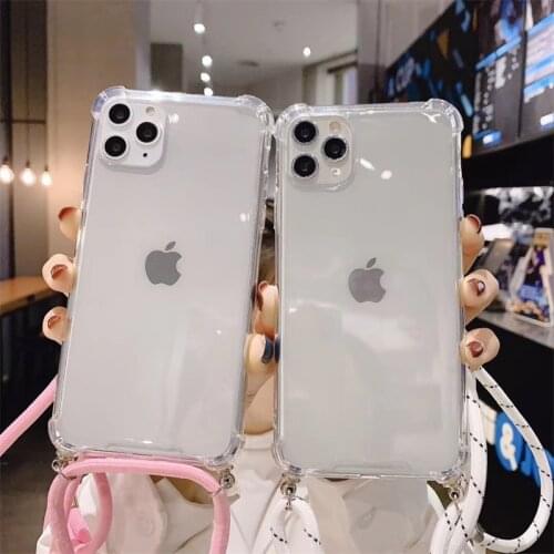 Transparent Soft TPU Silicone Phone Case For iphone 6 6s 7 8 Plus XS 11 Pro MAX XR With Lanyard Neck Strap Rope Cord cover Coque