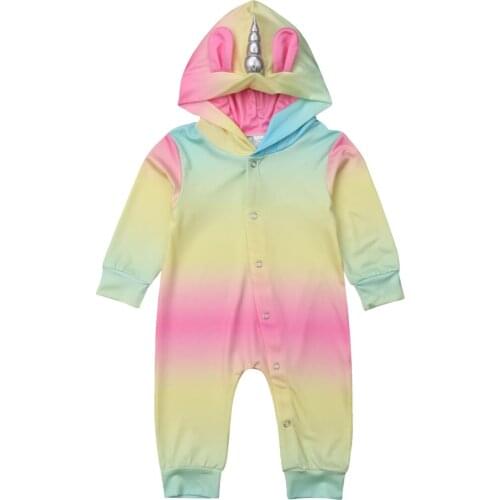 2019 Brand Unicorn Horn Infant Baby Boy Girl Hooded Romper Jumpsuit Kids Clothes Outfit Size 0-24M
