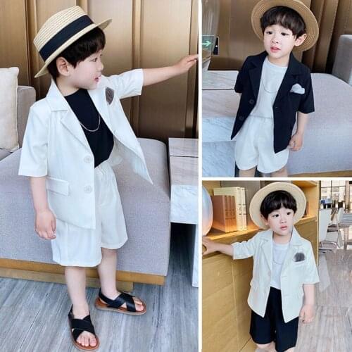 Korean Style Baby Boys Blazer Sets Summer New Kids Short Sleeve Handsome Suits Solid Blazer Coats Shorts 2pcs Set for Boys 2-8 Y