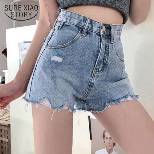 Fashion women pants 2021 high waist jeans Hole Button Fly Shorts Straight Office Lady blue ripped jeans for women 3664 50