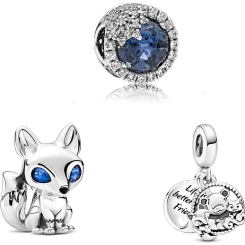 Dazzling Snowflake Blue-Eyed Fox Bear Fox & Squirrel Dangle Charms Genuine 925 Sterling Silver Jewelry for Women DIY Bracelets