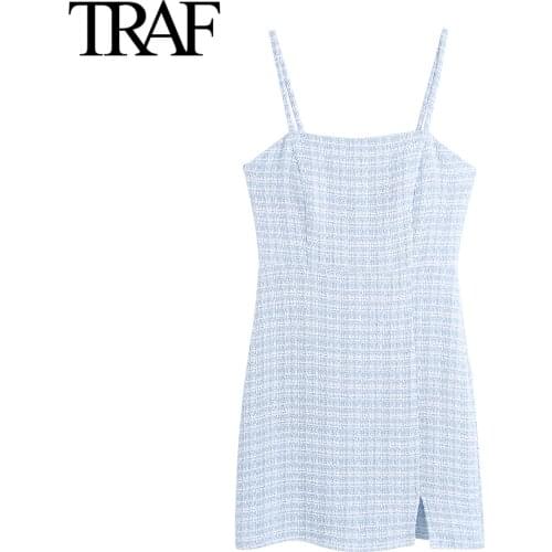 Traf Za Women Clothing Summer 2021 Chic Sleeveless Dresses French Fashion Tweed Plaid Texture Dress Vestidos Mujer Mini Dresses