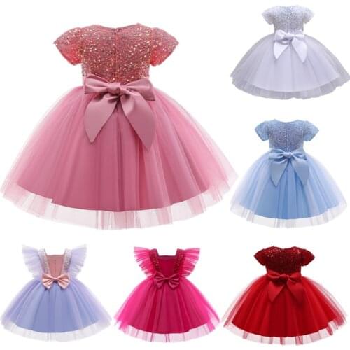 Casual Dress For Girls 2021 Short Sleeve Bow Knot Mesh Cloth For Children Pink Wedding Birthday Costume Elegant Princess Dress