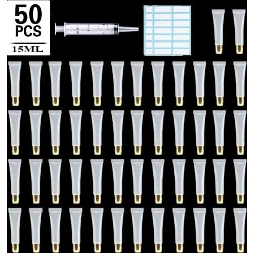 50PCS 15ml Lip Gloss Tubes Clear Empty Lip Balm Containers Gold Cap Refillable Soft Cosmetic Squeeze Tubes for Lip Gloss Base