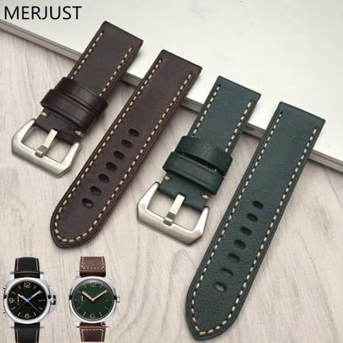 MERJUST Italian Genuine Leather Handmade black green Band Retro Watch Straps 26mm brown for Panerai Pam Man Watch Tool