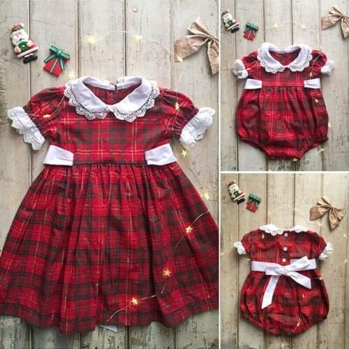 Xmas Toddler Baby Girl Clothes Christmas 3-18M Romper 1-6Y Dress Bodysuit Plaid Outfit Sister Matching Baby Tops Bodysuit Dress