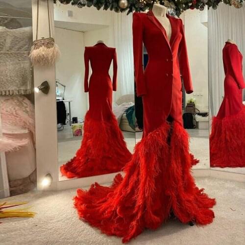 Red Feather Mermaid Evening Dresses with Full Sleeve Deep V Neck Satin Celebrity Dress Custom Made Vestidos De Noche