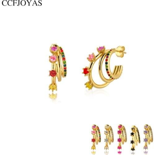 CCFJOYAS High-Quality 925 Sterling Silver Rainbow Claw Flower Stud Earrings White/Black Zircon Gold Earrings Fashion Jewelry