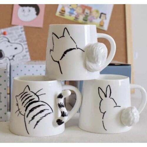 Japanese Single Ceramic Cup Cute Animal Three-dimensional Relief Milk Coffee Mug Kitten Dog Rabbit Couple Water Bottle
