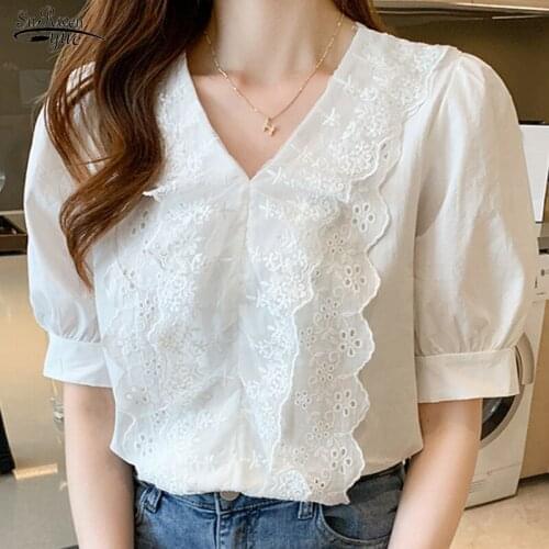 2021 Summer V Neck Ruffles Lace Chiffon Shirt Ladies Korean Loose Floral Blouse Women Puff Short Sleeve Hollow White Tops 15270