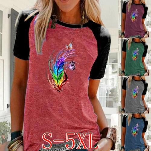Womens Summer Fashion Feather Printed Casual Shirt Plus Size Short Sleeve T-shirt Ladies Round Neck Raglan Blouse Tops