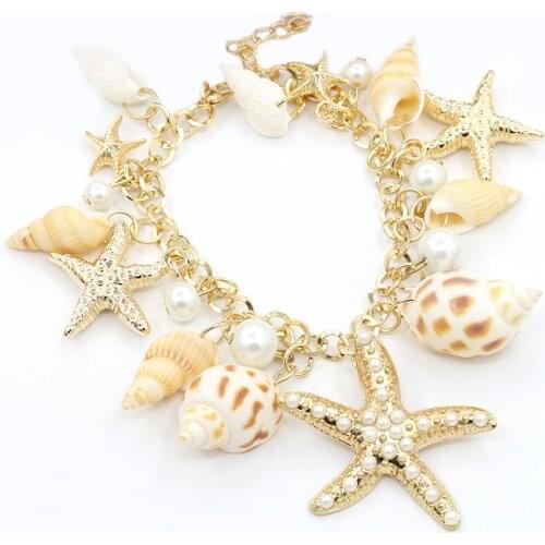 Imitation Pearls Starfish Bracelets for Women Natural Conch Shell Hand Chain Gold Color 2019 Summer Fashion Beach Jewelry New
