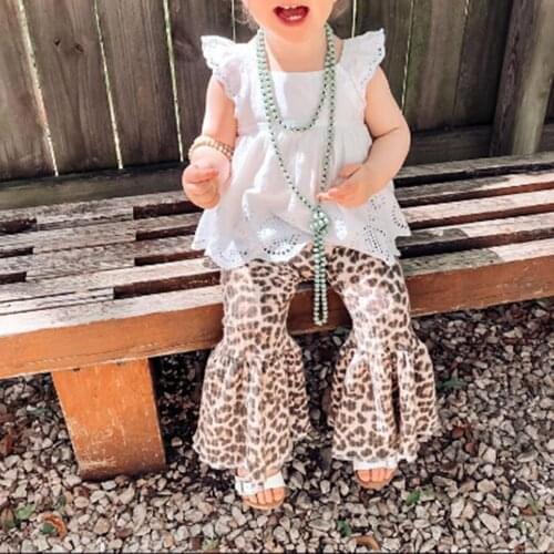 1-6Y Fashion Kids Girls Summer Clothes Sets 2pcs Solid Fly Sleeve T Shirts Tops Leopard Flare Pants Clothes Outfit