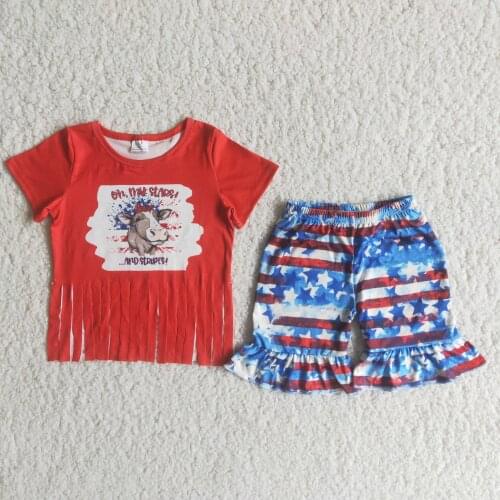 4th of July Design Infants Baby Girls Bleach Short Sleeve Ruffles Shorts Sets Boutique kids Clothing Summer Designer Outfits