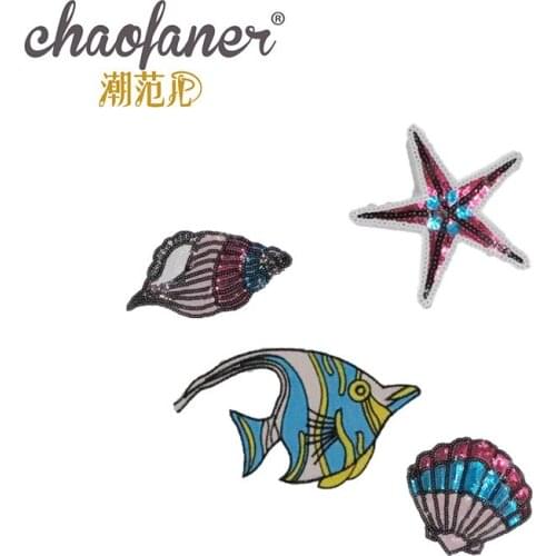 50pcs/Lot Conch Starfish Shell Embroidery Patches Letters Clothing Decoration Accessories Diy Iron Heat Transfer Applique