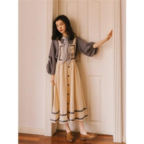 Tea Dress Women Two-piece suit female 2021 new girl college style spring French retro suspender dress and blouse set fashion