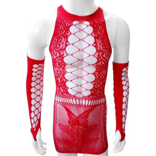 Erotic Sheer Sissy Dress Lingerie Hollow out Vestido See through Dress Sexy Clubwear Babydoll Set with sleeve-coverings