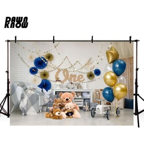 DAWNKNOW Balloon Bear Doll Photography Background Photocall Customize Baby One Happy Birthday Party Backdrop Photo Shoot lv2817
