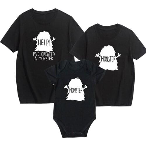 New Father Son Boys Kids T Shirts Monster Print Family Matching Outfits Letter Family Look Matching Clothes Short Sleeve Tops