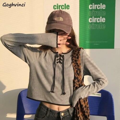 Long Sleeve T-shirts Women Lacing Spliced Short Tees Womens Loose Harajuku Ins BF Chic Trendy Tops All-match Stylish Streetwear