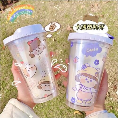 Ins wind Korean trend flip cartoon little girl plastic water cup girl heart cute small straw coffee cup large capacity cup