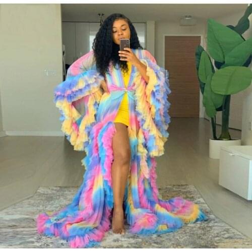 Colorful Rainbow Tulle Maternity Robe Puffy Ruffles Tiered See Thru Tutu Pregnant Woman Long Fluffy 2020