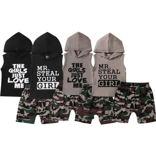 Boy Girls Summer Clothing Sets Vest and Shorts Suit Fashion Letter Hooded Sleeveless Tops and Camouflage Short Pants Tracksuits
