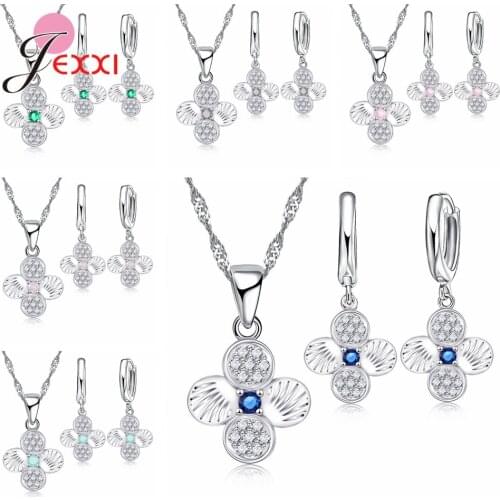 New Arrival 925 Sterling Silver Jewelry Sets Cubic Zircon Flower Pendant Necklace Hoop Earrings Set Fine Jewelry Women