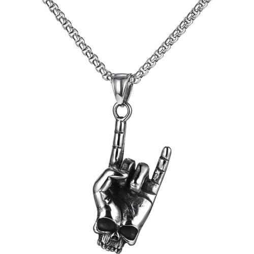 Punk Rock Gesture Finger Skull Man Pendant Necklace Vintage Stainless Steel Indie Emo Goth Accessories Hip Hop Jewelry Necklaces