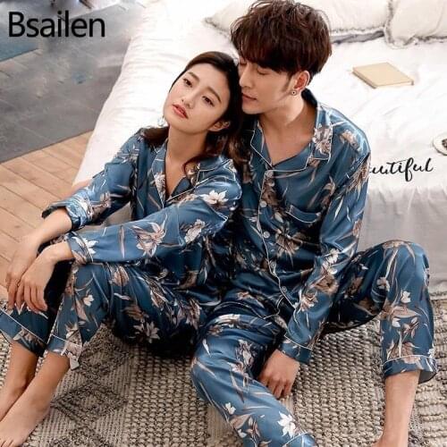 Men and women pajamas Lovers Pajama Sets Winter Silk Men Pajama Sets Sleep Wear Women Satin Nightgown Long Sleeve Pajamas Set