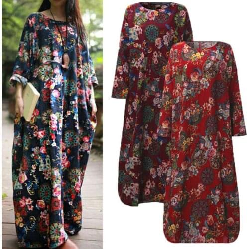1pc Dress Womens O-Neck Fashion Trend Cotton Linen Print Loose Casual Long Sleeve Dress Ladies Clothing платье robe c50