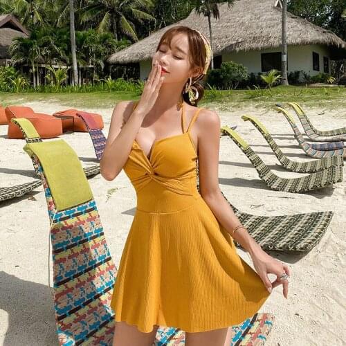 Korea Style One Piece Swimsuit Women Solid Swimwear Skirted Monokini Push Up Swim Suit Bandeau Trikini Pad Bathing Suit Pleated