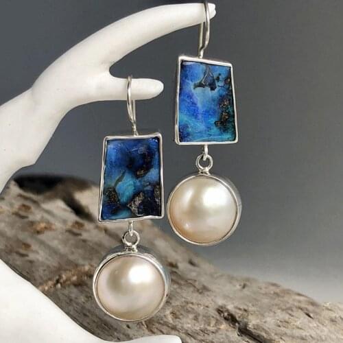 Vintage Pearl Drop Earring For Women Ancient Silver Color Long Pendant Dangle Earring Blue Ear Jewelry Exquisite Gifts