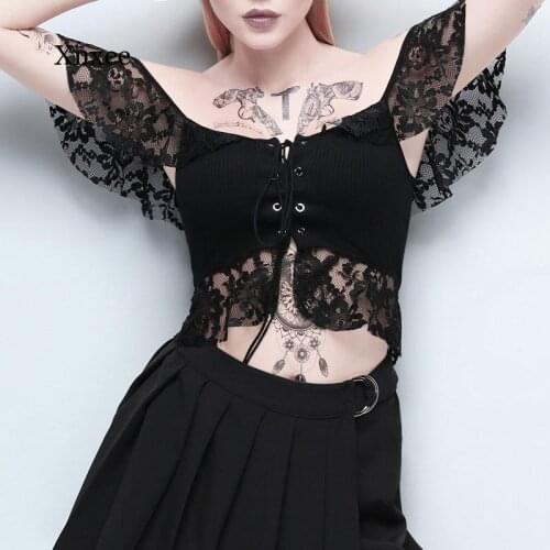 Goth Dark Lace T-Shirts Mesh Hollow Out Hole Crop Top Gothic Sexy Eyelet Backless Transparent Patchwork Slash Neck T-Shirt
