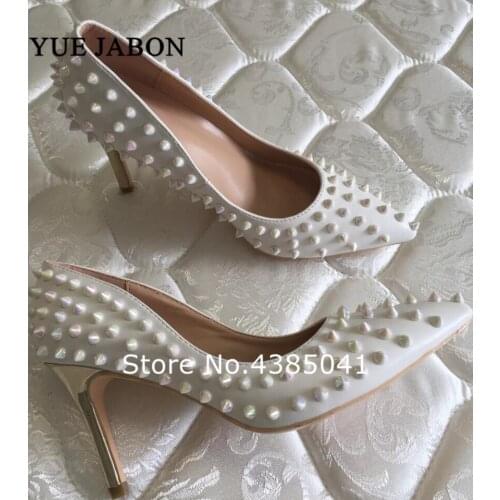 New Gold Heels Pointed Toe Thin High Heels Sexy White Rivets Spike Women Party Shoes Classical Studs Lady Party Wedding Shoes