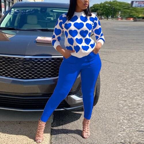 Y2K Heart Suit Autumn/Winter Long-sleeve Trousers Sets Printed Two-piece Slim Round Neck Top + Pant 2-piece Suit Lady Streetwear