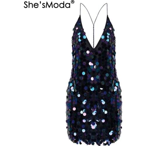 ShesModa Sequined Backless V-neck Womens Sexy Evening Party Mini Dress