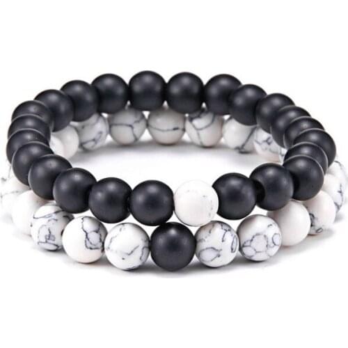 2 Pcs/Set Couples Distance Bracelet Classic White and Black Natural Stone Yin Yang Beaded Bracelets for Men Women Best Friend