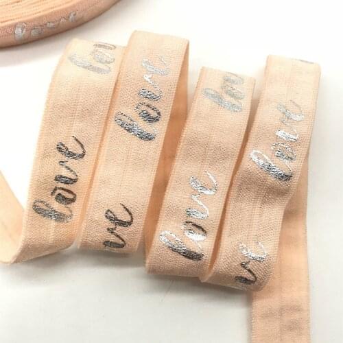 5Y 16mm Silver Love Print Peach Fold Over Elastic Hairbands for sewing accessories DIY Hair Ties Hair Accessories