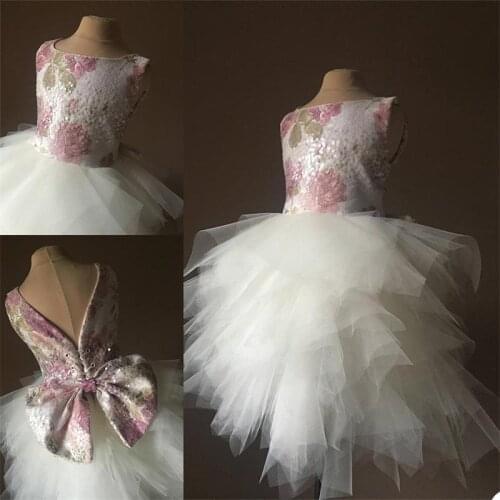 Glitter Floral Ball Gown Flower Girl Dresses Bling Sequins Ruched Satin With Big Bow Girl Pageant Gowns Custom Made First Commun