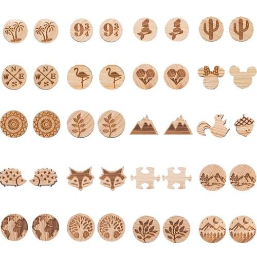 Brown Wood Round Ear Post Stud Earrings Stainless Steel Arrowhead Animal For Women Jewelry Gifts 1 Pair