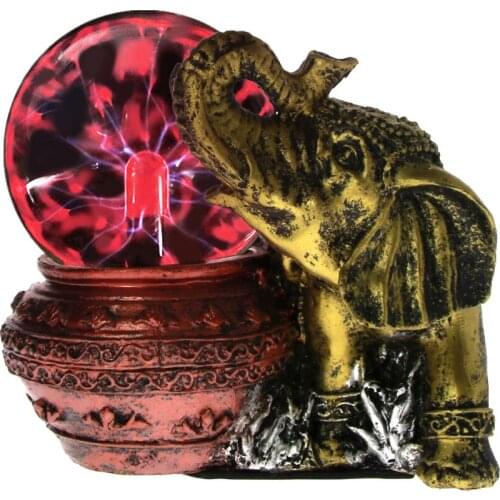 [Decor] Gold Elephant Statue with Magic Plasma Ball Lightning Crystal Globe Touch Nebula Desktop Resin Sculpture