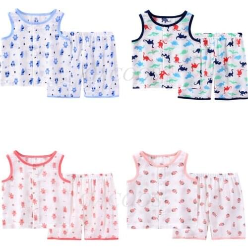 Infant Boys Cartoon Dinosaur Shorts Pajamas Sets Toddler Girls Cotton Sleeveless O-Neck Button Sports Suits Childrens Homewear