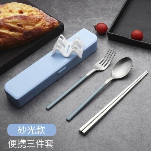 Jes Korean 304 stainless steel travel tableware sandblasting handle students outdoor portable three-piece set of spoons, forks a